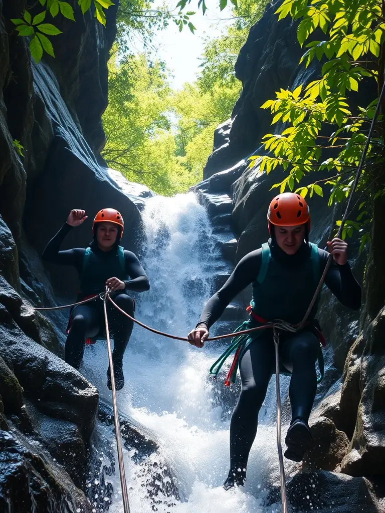 A group of canyoners rappelling down a waterfall, demonstrating the adventure and teamwork involved in L.V.M.H.D's canyoning challenges.