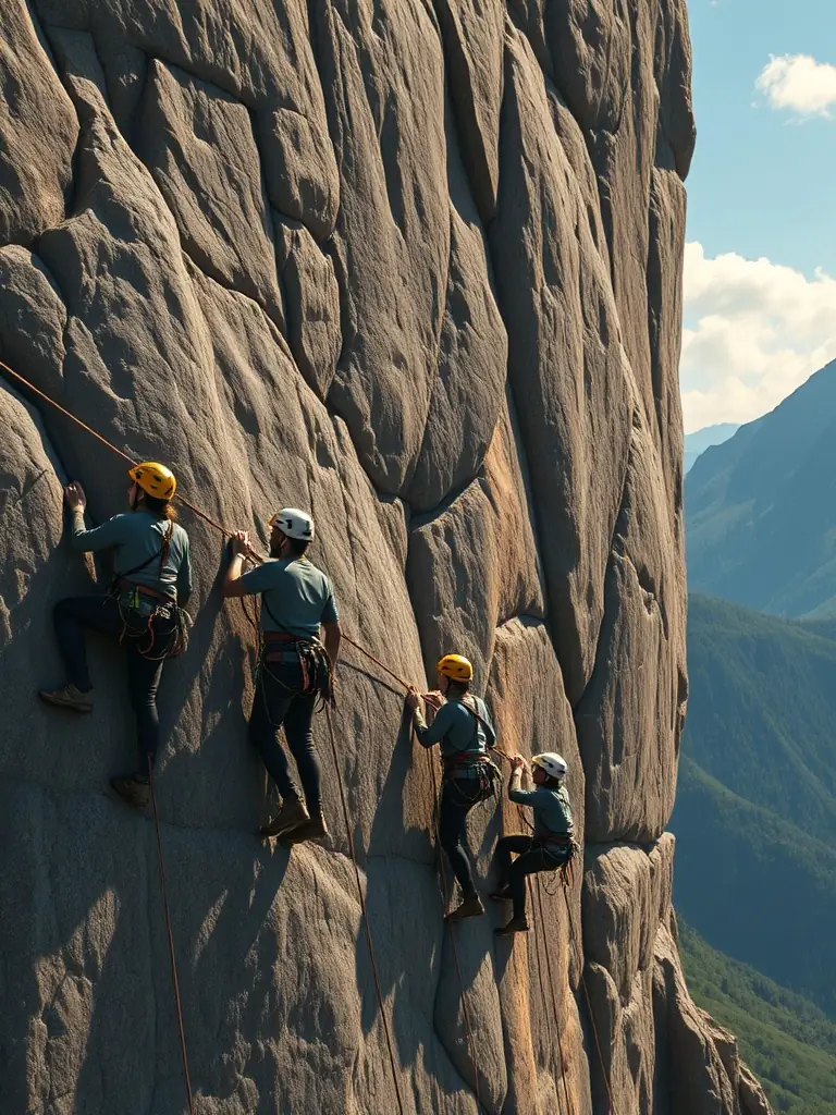 A vibrant image of a group of people rock climbing on a natural rock face, showcasing the challenge and teamwork involved in climbing with L.V.M.H.D.