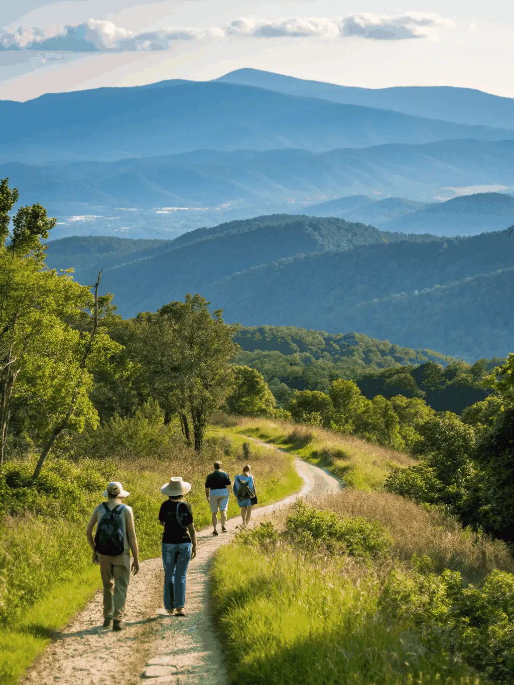 A scenic view of hikers traversing a mountain trail in Haute-Dordogne, highlighting the hiking program offered by L.V.M.H.D.