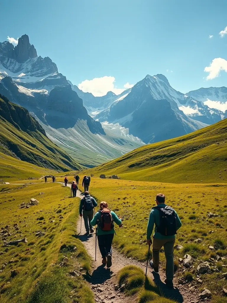 A group of hikers traversing a scenic mountain trail, illustrating the beauty and exploration involved in L.V.M.H.D's hiking excursions.
