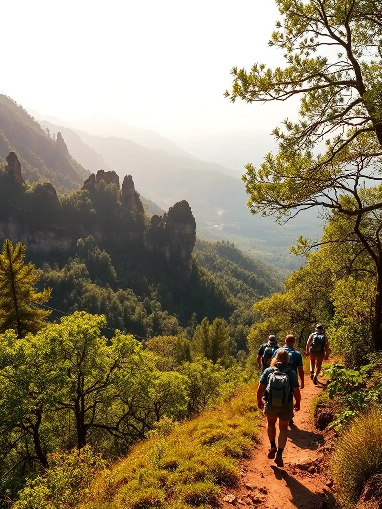 A scenic image of hikers traversing a mountain trail, highlighting the beauty of the natural environment and the physical activity of hiking with L.V.M.H.D.