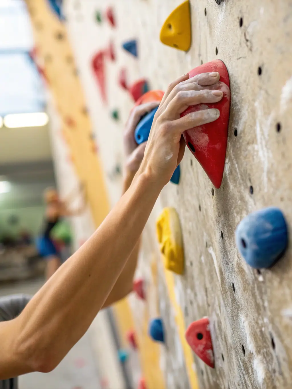 A climber scaling a rock wall at a climbing event organized by L.V.M.H.D, highlighting the challenge and skill involved in the sport.