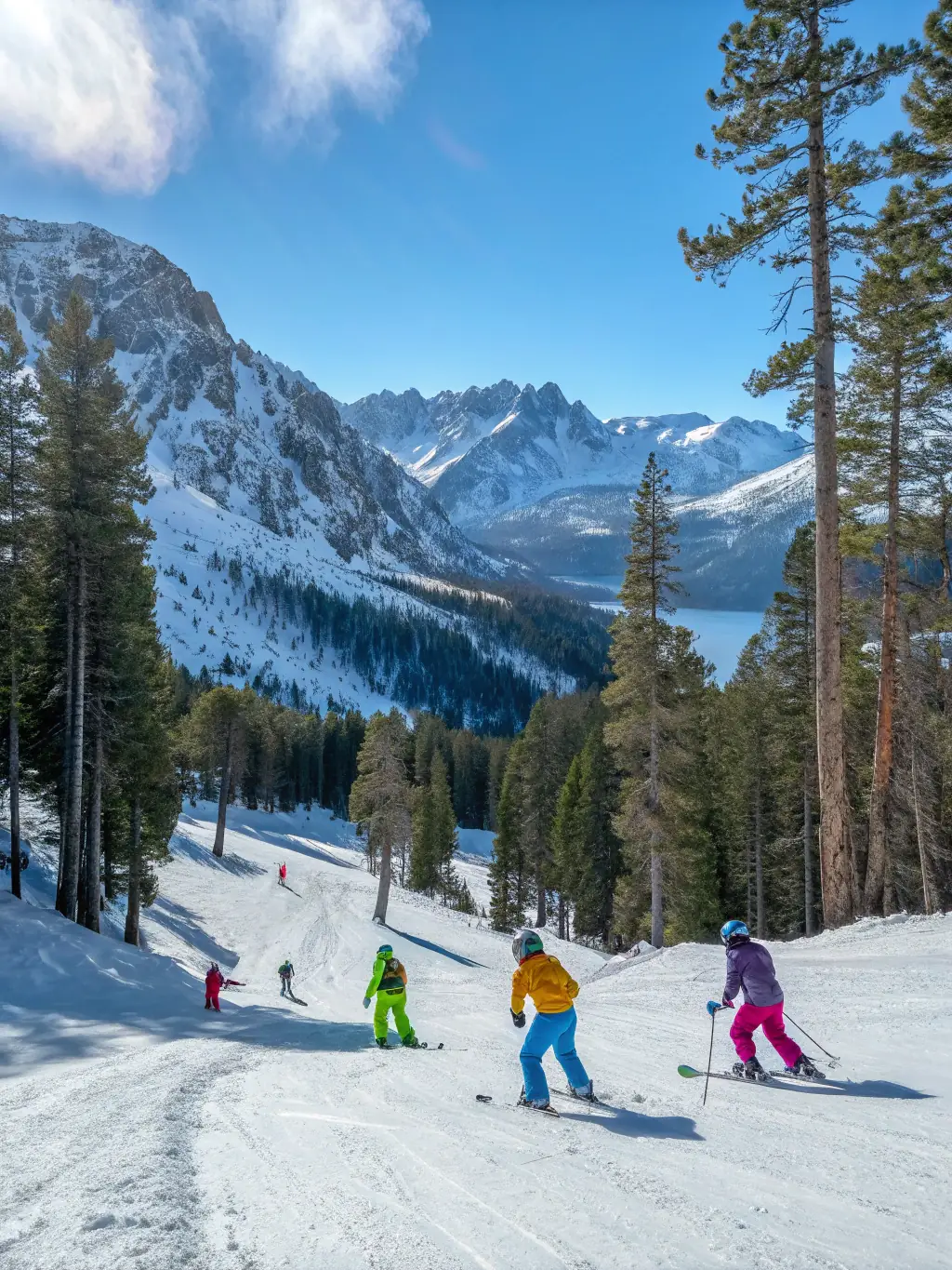 A group of people skiing down a snowy slope in Haute-Dordogne, showcasing the skiing program offered by L.V.M.H.D.