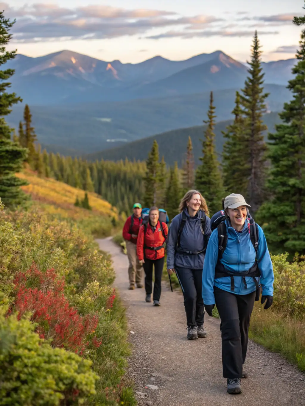 A group of hikers traversing a mountain trail during a guided hiking tour organized by L.V.M.H.D, emphasizing the scenic beauty and camaraderie of the experience.