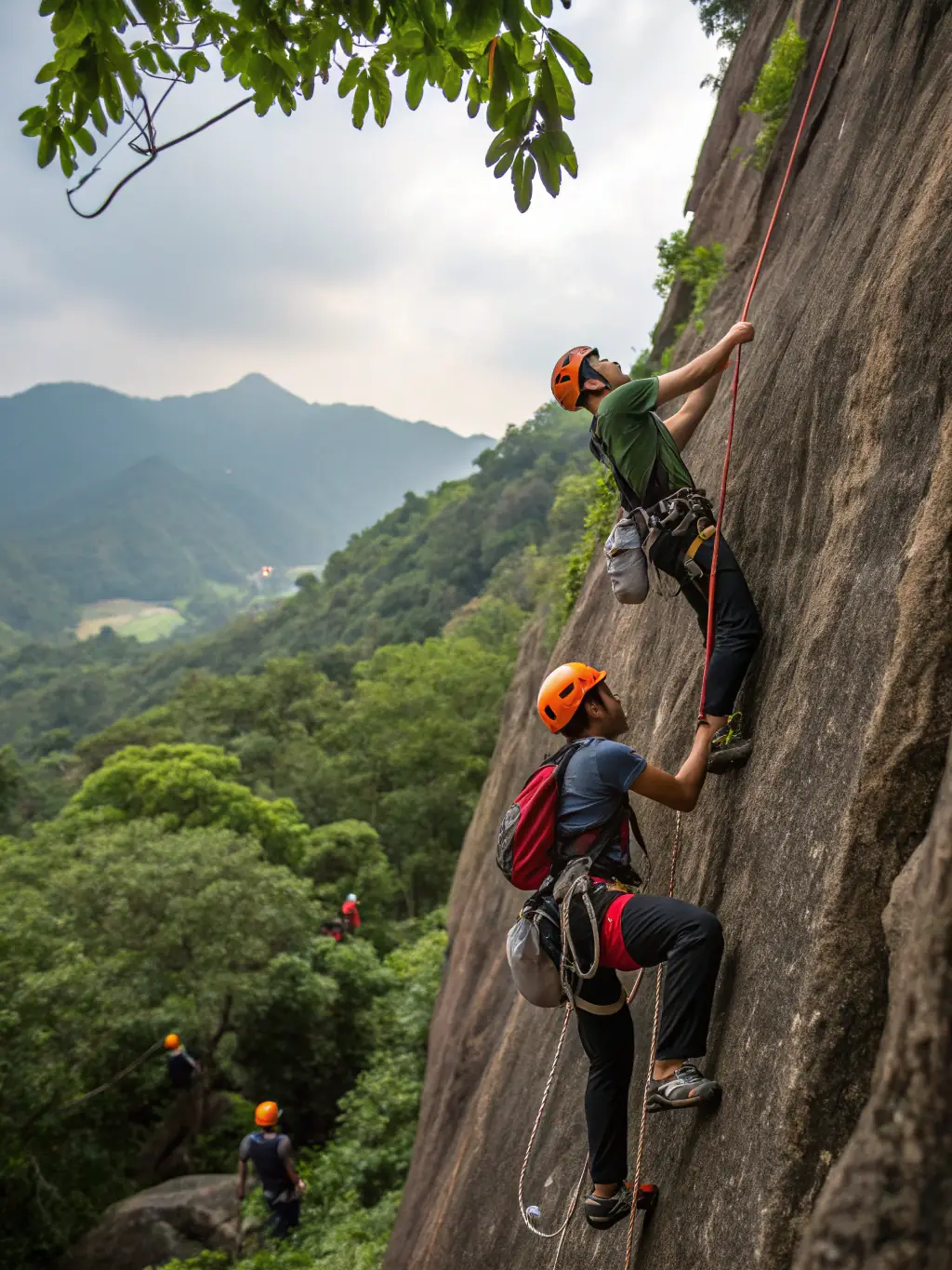 A group of climbers ascending a rocky cliff face, showcasing the challenge and teamwork involved in climbing programs offered by L.V.M.H.D.